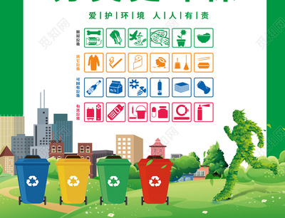 绿色卡通背景垃圾分类环保资源利用宣传套图